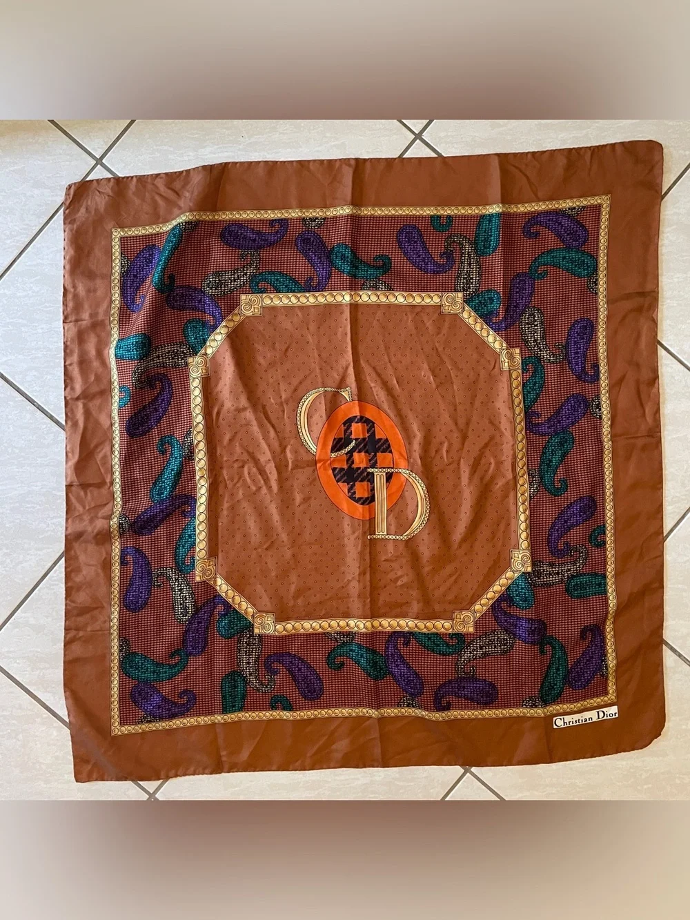 Dior Brown Orange Purple Teal Paisley Logo Silk Scarf
